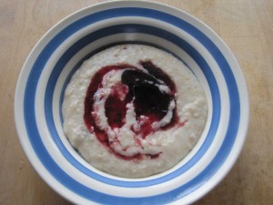 elderberry jelly swirled into porridge